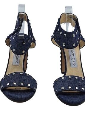 Jimmy Choo Navy Studded Open-Toe Block Heel Sandals